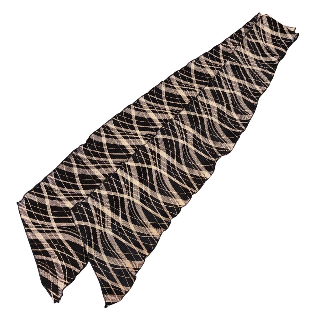 Black Cream Geometric Scrunchy Skinny Scarf Micro Plisse Grid Print 61 Inch